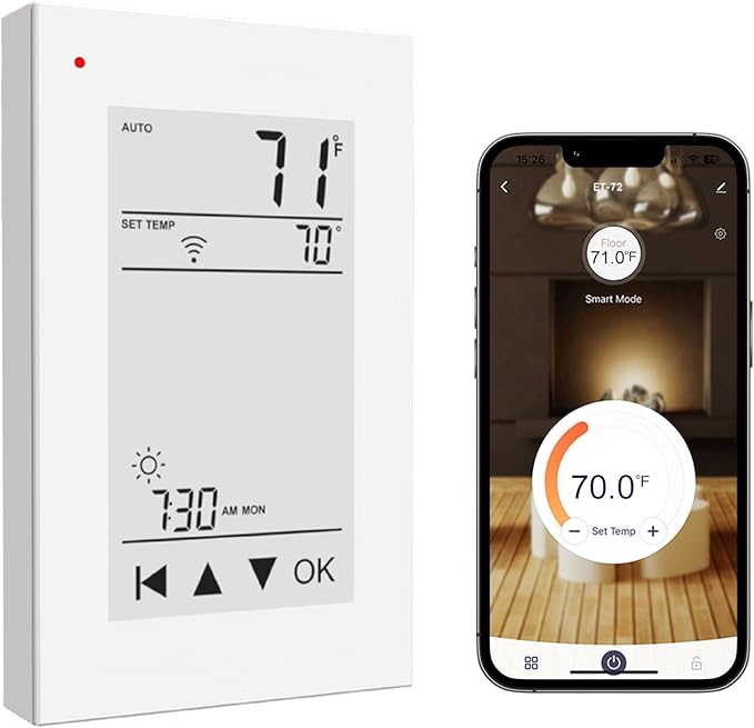 HEATIT ET-72W Programmable Thermostat with Voice Control with WiFi for Electric Radiant Floor Heating, Dual Voltage & Dual Sensing, Interactive Color Touch Screen Interface with 10ft Sensor Wire