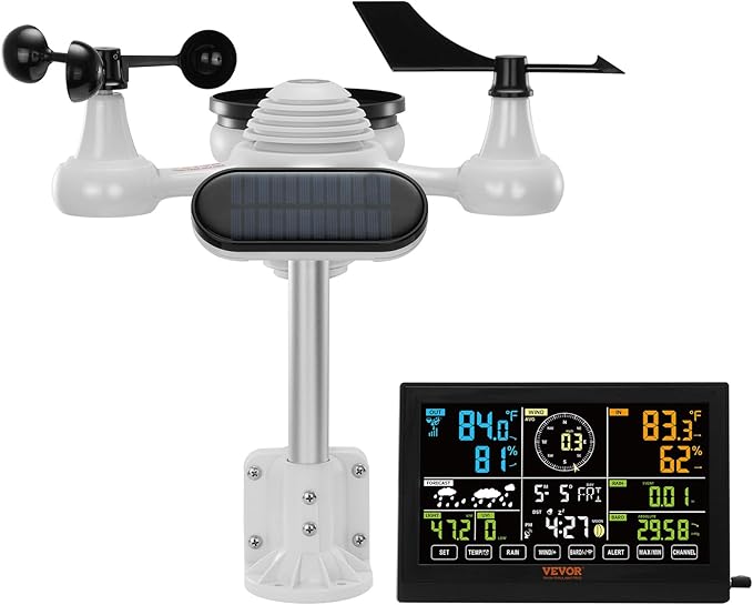 VEVOR 7-in-1 Wireless Weather Station, 7.5 in Color Display, Digital Weather Station Indoor Outdoor, for Temperature Humidity Wind Speed/Direction Rain UV, with Forecast Data, Alarm, Alerts-NO WiFi