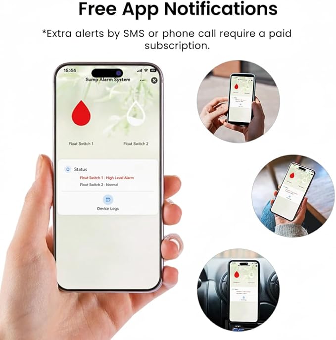 Smart WiFi High/Low Sump Pump Alarm, Float Switch Water Level Detector, Free APP Alerts, 90dB Siren, LED, IP44 Waterproof, Easy-Install, Prevents Water Damage in Basement, Septic Tank, Water Tank