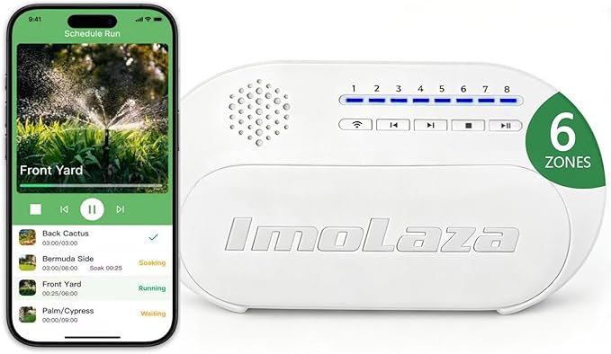Indoor Smart Sprinkler Controller, Automatic Water Saving Irrigation Controller, 2.4GHz WiFi, Rain Freeze Wind Skip,Easy Install & App Remote Control (6-Zone)