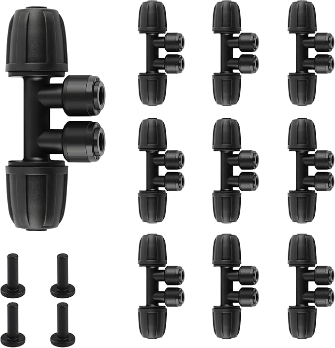 Kalolary 10PCS 5/16'' to 1/4'' Drip Irrigation Fittings,Push-to-Connect 4 Way Drip Irrigation Part Barbed Tee Connectors with 4PCS Plugs, Anti-Leak Locked Splitter Fitting for 5/16'' Irrigation Tubing