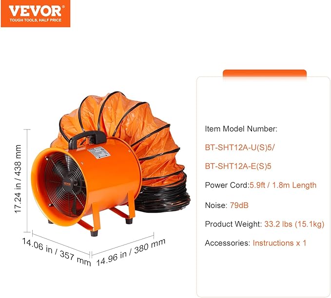 VEVOR Air Mover Blower Fan 12 Inch, 3198CFM 585W with 16.4ft Flexible Duct, Industrial Portable Ventilator Blower/Exhaust, Orange