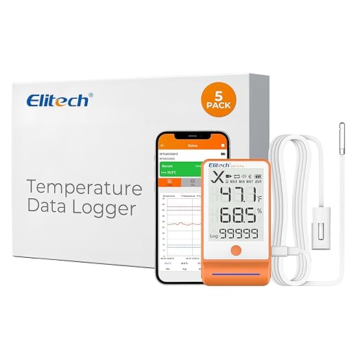 Elitech 5pack Bluetooth Thermometer Data Logger Temperature for Refrigerator with Shadow Data 100000 Points Export PDF/CSV Report, Pharmacy Vaccine DDL Calibration Certificate, MAX MIN AVR MKT GSP-6G