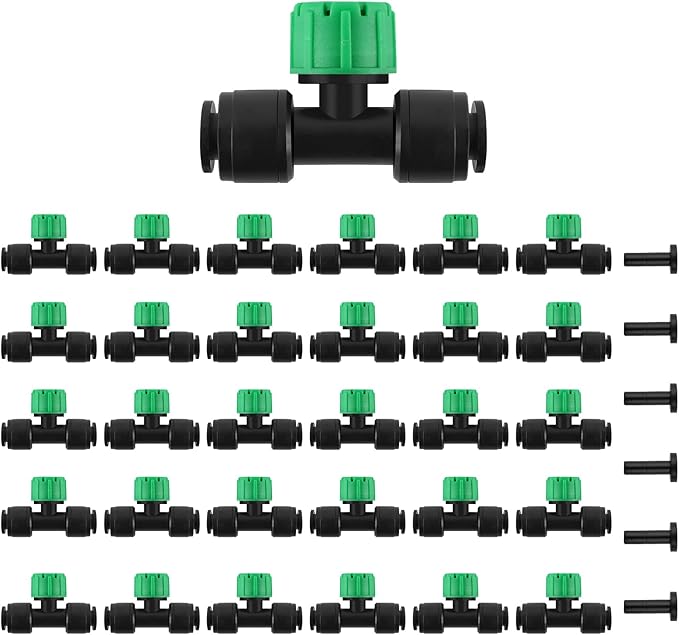 Kalolary 30Pcs Push-to-Fit Drip Irrigation Emitters for 1/4 inch Tubing, Adjustable Drip Emitter Sprayer with 8 Holes Irrigation Dripper Sprinklers with 6PCS End Plugs for Irrigation System(Green)