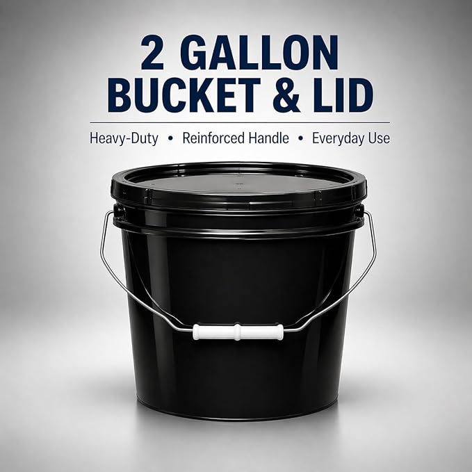 MKS Plastics 2-Gallon Bucket with Airtight Lid – Made in USA, Food Grade BPA Free Plastic, Heavy Duty Multi-Use, Metal Handle with Grip, Stackable Storage – Black, 6 Pack
