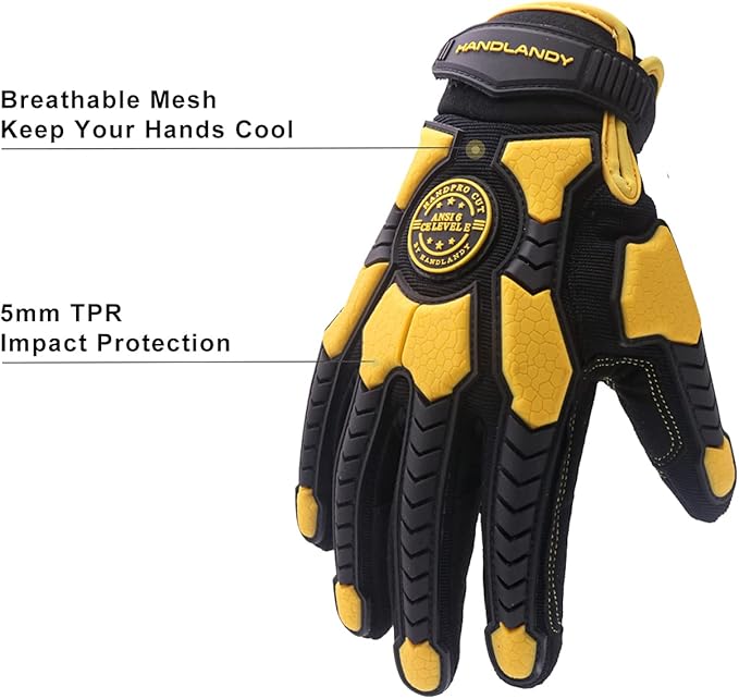 HANDLANDY HLDD Heavy Duty Work Gloves, TPR Protector Impact Gloves, Men Anti Vibration Mechanic Work Glove TouchScreen