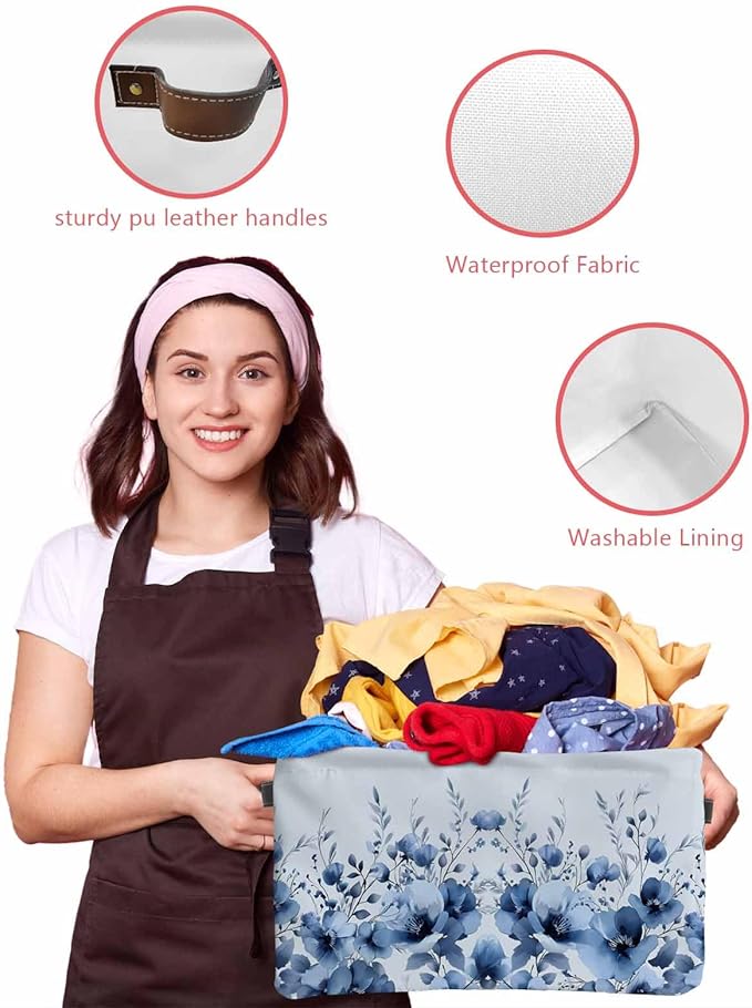Blue Blooms Floral Storage Bins Cubes Waterproof Cloth Storage Basket,Spring Flowers Botanical Blue Ombre Foldable Storage Bags for Shelf Clothes Storages Organizers with Handles 15x11x9.5 in 1PCS