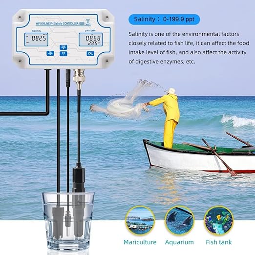 WiFi Pool Salt Tester and pH Monitor, Aquarium pH Monitor with pH Controller Online, Salinity Tester for Saltwater Pool Koi Fish Pond Aquaculture Aquarium Desalination Tuya APP Control