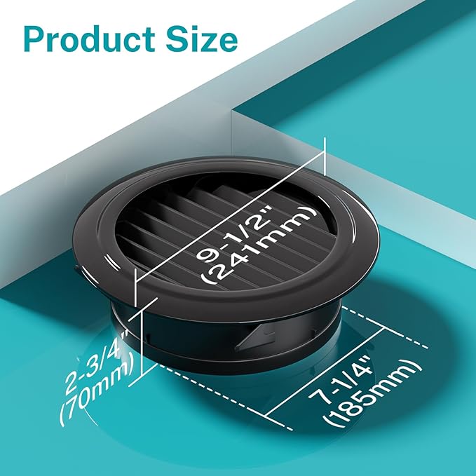 HG Power 8 Inch Soffit Vent, Black Round Vent Cover with Built-in Screen Mesh, ABS Louver Round Air Vent for Exhaust Fan, Inline Duct Fan, Bathroom, Kitchen, Garage Use, 200 mm