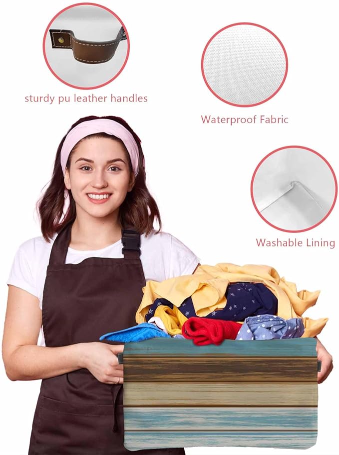 Blue Brown Storage Bins Cubes Waterproof Cloth Storage Basket, Farmhouse Rustic Wooden Plank Board Foldable Storage Bags for Shelf Closet Clothes Storage Organizers with Handles 15x11x9.5 in 2PCS