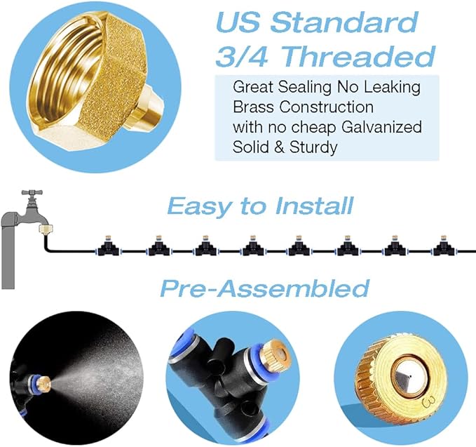 H&G lifestyles Patio Mister, Outddor Misters for Outside Patio,Water Misters for Cooling,75FT Misting System for Green House,25 Brass Mister Nozzles,Fits 3/4" GHT Garden Hose,for Backyard Trampoline