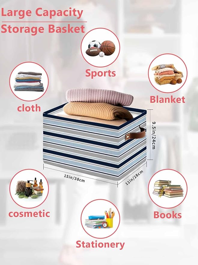 Navy Blue Gray Striped Storage Bins Cubes Waterproof Cloth Storage Basket,Farmhouse Stripes Modern Abstract Art Foldable Storage Bags for Shelf Storages Organizers with Handles 15x11x9.5 in 1PCS