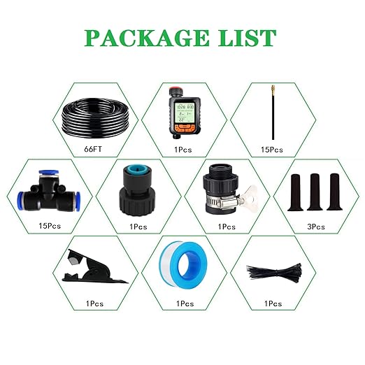 66FT Drip Irrigation Kit, Automatic Garden Watering System with Tool-Free Quick Connectors, 360° Bending Droppers & Copper Misting Nozzles for Greenhouse, Patio, Lawn & Vegetable Garden. (20M+Timer)