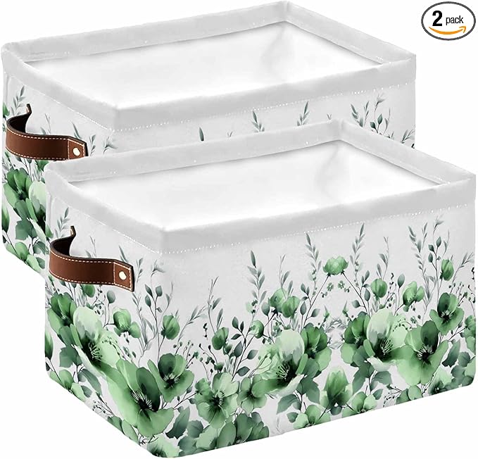 Green Blooms Floral Storage Bins Cubes Waterproof Cloth Storage Basket,Farmhouse Spring Flowers Botanical Foldable Storage Bags for Shelf Clothes Storages Organizers with Handles 15x11x9.5 in 2PCS