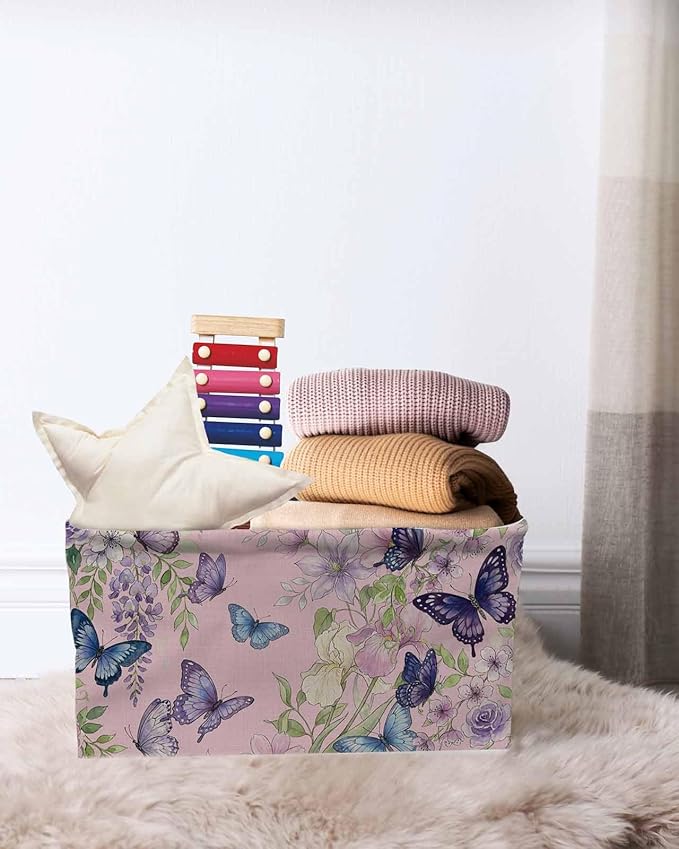 Pink Flowers Storage Bins Cubes Waterproof Cloth Storage Basket,Spring Floral Purple Butterflies Farmhouse Foldable Storage Bags for Shelf Clothes Storages Organizers with Handles 15x11x9.5 in 2PCS