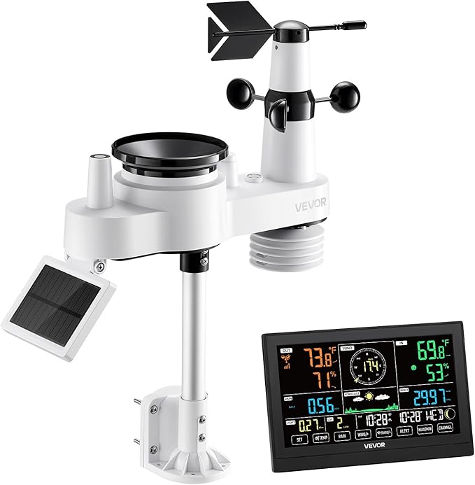 VEVOR 7-in-1 Wi-Fi Weather Station with APP, 7.5-Inch VA Display, Wireless Solar Powered Outdoor Sensor, Rain Gauge, Indoor Outdoor for Weather Forecast, Wind Speed, Temperature, Humidity, Rainfall