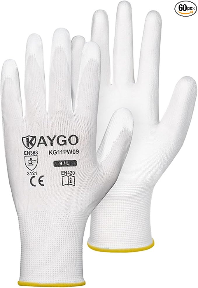 KAYGO Work Gloves for Men and Women, 60 Pairs Seamless Knit PU Coated Safety Gloves, with Smooth Grip on Palm and Fingers, Ideal for Light Warehouse, Manufacturing, Gardening, KG11P (L, White)