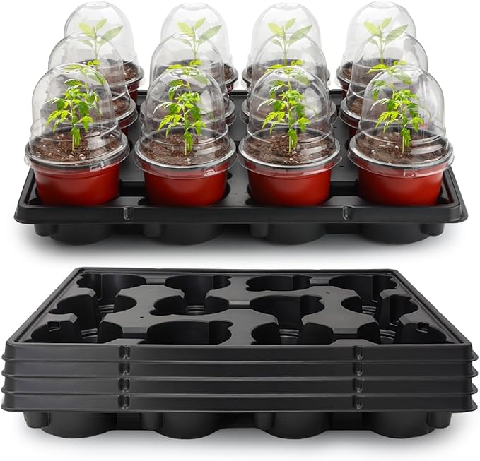 RooTrimmer 4 Inch 60 Pack Nursery Pots with Humidity Domes & 5 Pack 12 Cell Round Seedling Pot Carrying Trays, Sturdy Seeds Starter Pot Germination Set, Small Planter Nursery Propagation 5 Sets