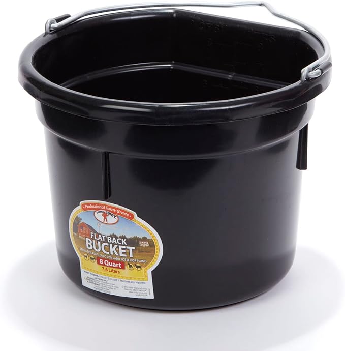 Little Giant® Flat Back Plastic Animal Feed Bucket | Animal Water and Feed Bucket with Metal Handle | 8 Quarts | Black