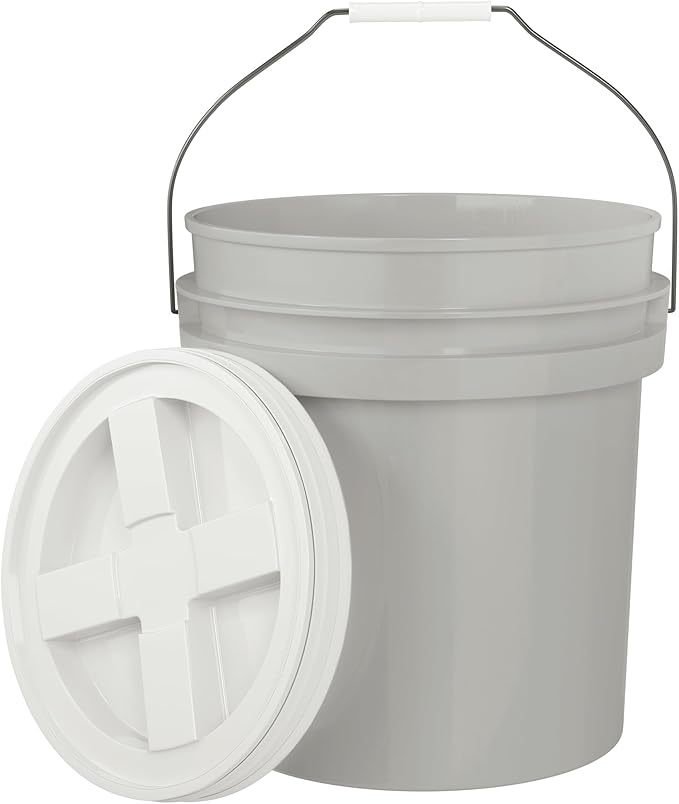 5-Gallon Grey Bucket Pail with Gamma Seal Screw on Airtight Lid, Metal Handles with Plastic Grip for Easy Carrying, Easy Stack and Store, Heavy-Duty 90MIL Extra Durable, Food Grade, BPA Free - 1 Pack