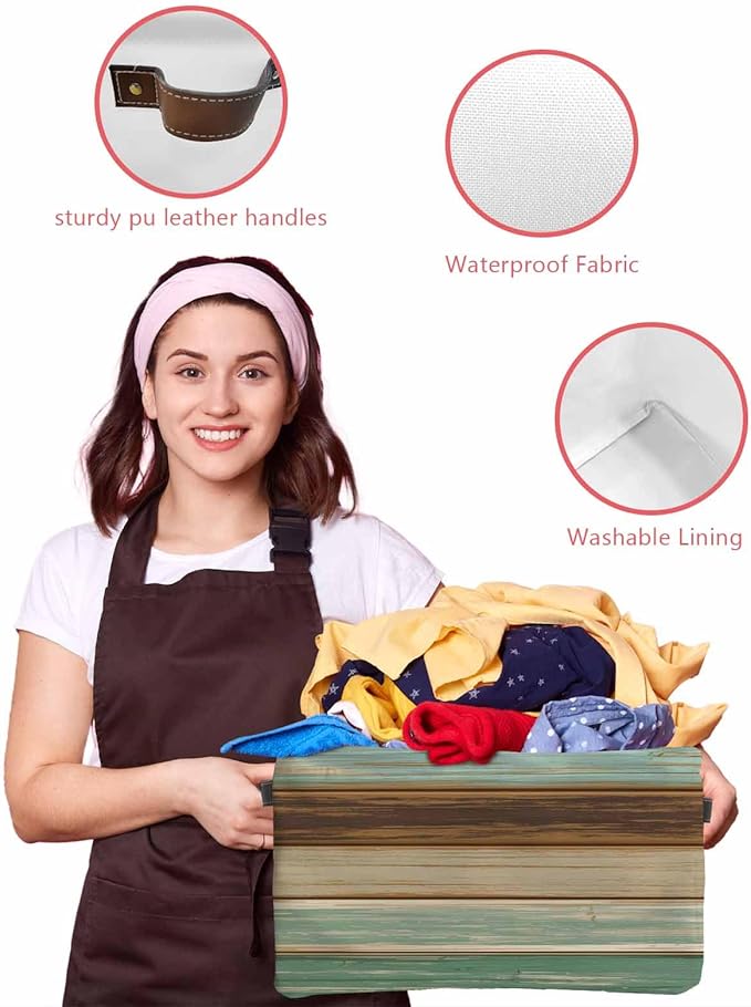 Teal Brown Storage Bins Cubes Waterproof Cloth Storage Basket, Farmhouse Rustic Wooden Plank Board Foldable Storage Bags for Shelf Closet Clothes Storage Organizers with Handles 15x11x9.5 in 1PCS