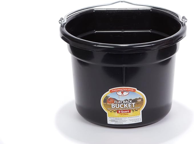 Little Giant® Flat Back Plastic Animal Feed Bucket | Animal Water and Feed Bucket with Metal Handle | 8 Quarts | Black