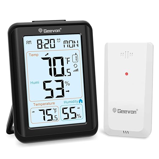 Geevon Indoor Outdoor Thermometer for Seniors – Digital Temperature & Humidity Monitor with Alarm Clock, 3.8" Large Display, Backlight, 3 Channels, Battery Operated for Home, Bedroom, Greenhouse