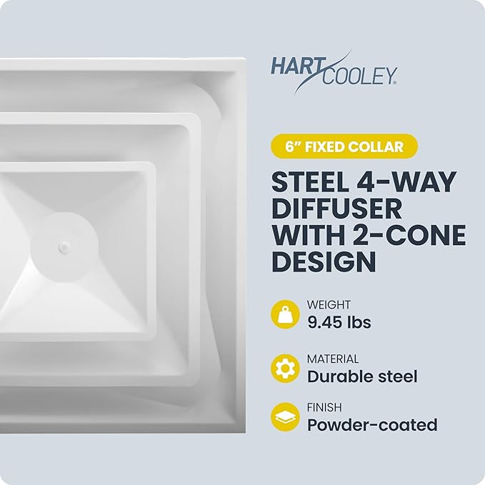 Hart & Cooley Steel 4-Way Diffuse with 2 Cone Design and 6 Inch Fixed Collar, 360-Degree Air Diffusion for High Air Volume Delivery