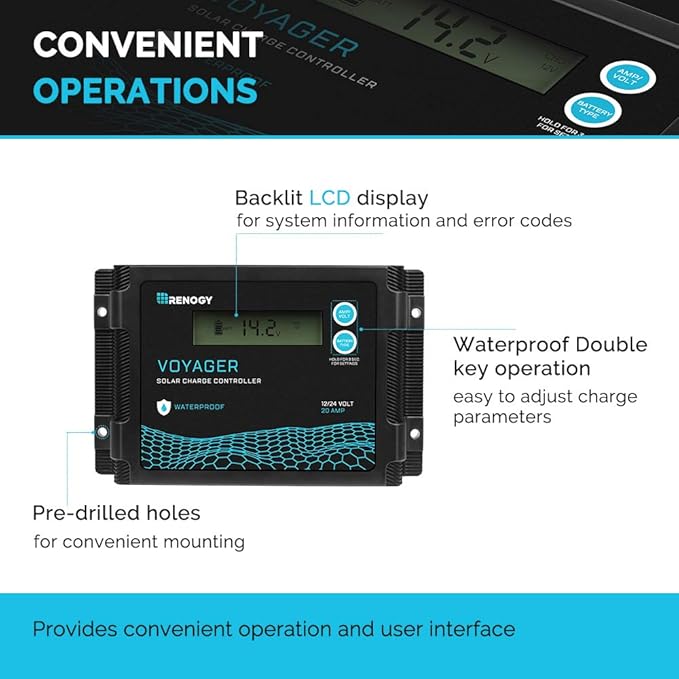 Renogy Voyager 20A 12V/24V PWM Waterproof Solar Charge Controller w/ LCD Display for AGM, Gel, Flooded and Lithium Battery, Used in RVs, Trailers, Boats, Yachts, Voyager 20A
