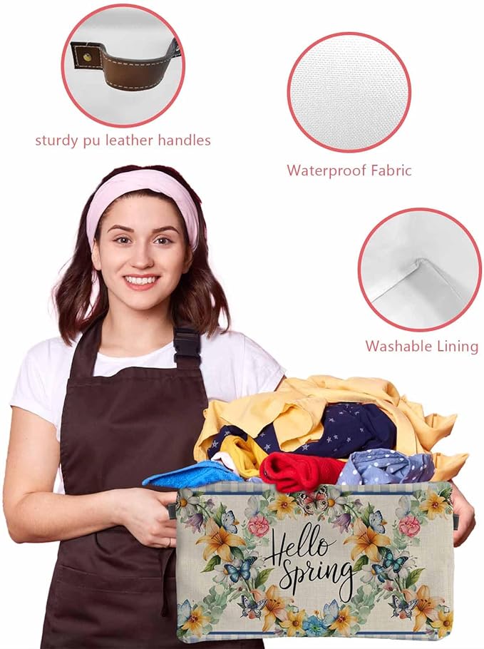 Hello Spring Storage Bins Cubes Waterproof Cloth Storage Basket,Farmhouse Floral Eucalyptus Wood Plaid Burlap Foldable Storage Bags for Shelf Clothes Storages Organizers with Handles 15x11x9.5 in 1PCS