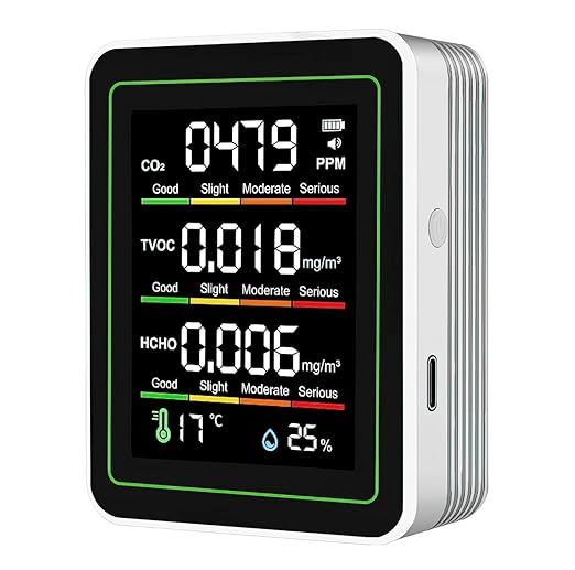 Indoor Air Quality Monitor, 5 in 1 Portable Smartair Quality Tester for CO2 | TVOC | HCHO | Temp | Hum for Home Cars Plants and Pets So On