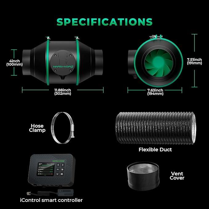 MARS HYDRO 4 Inch Air Filtration Kit, Inline Duct Fan with iControl Temperature & Humidity Controller, App Remote Control, Carbon Filter Combo +25Ft Ducting, Grow Tent Hydroponics Ventilation System