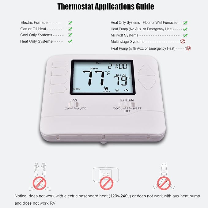Heagstat 5-1-1 Day Programmable Thermostat for Home Conventional Single-Stage Systems, up to 1 Heat/ 1 Cool, (with White Backlight)