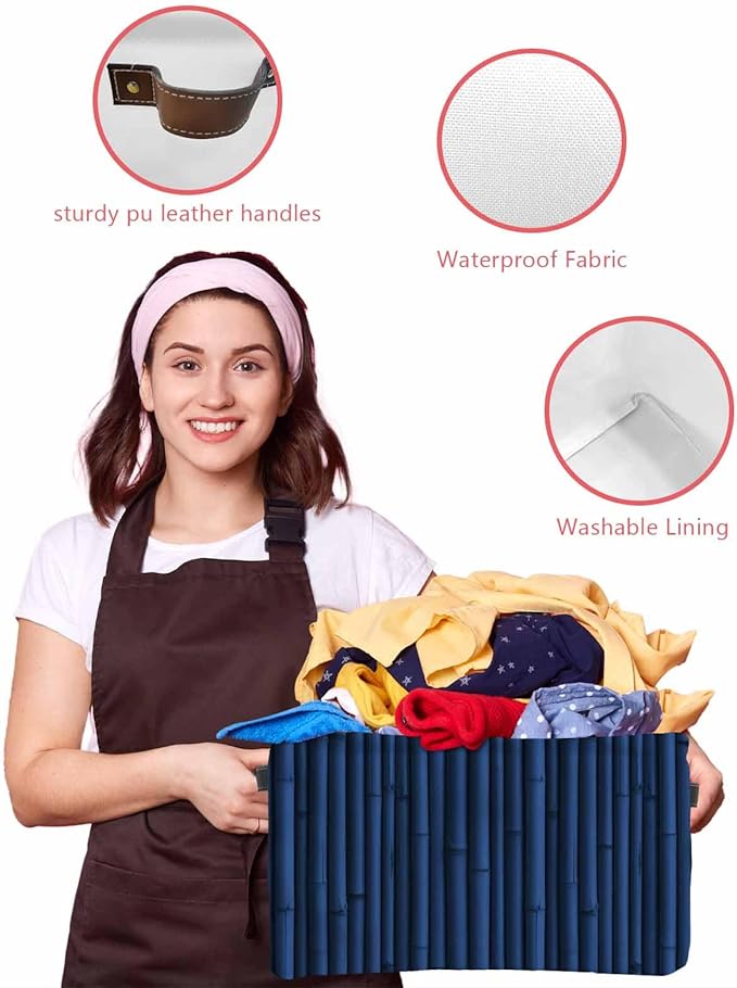 Dark Blue Storage Bins Cubes Waterproof Cloth Storage Basket, Retro Farmhouse Plants Wall Lines Texture Foldable Storage Bags for Shelf Clothes Storages Organizers with Handles 15x11x9.5 in 1PCS