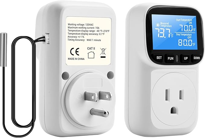 Diymore 1800W Plug in Digital Thermostat Temperature Controller Electric Thermostat Outlet Heating Cooling Control Mode Timer 120V 15A -104 ℉~210 ℉ Greenhouse with Thermostat Pool Thermometer