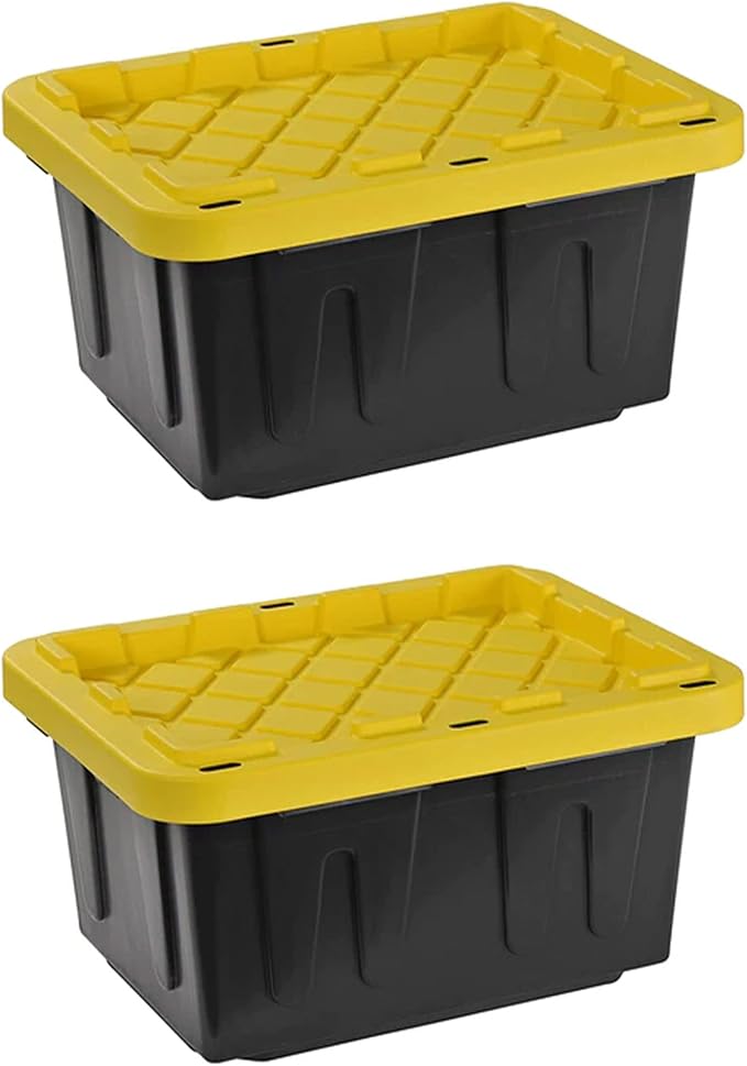 Juggernaut Storage Multipurpose 5 Gallon Lockable Plastic Storage Tote with Secure Snap Fitting Lid for Home Organization, Black/Yellow (Set of 2)