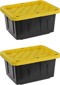 Juggernaut Storage Multipurpose 5 Gallon Lockable Plastic Storage Tote with Secure Snap Fitting Lid for Home Organization, Black/Yellow (Set of 2)