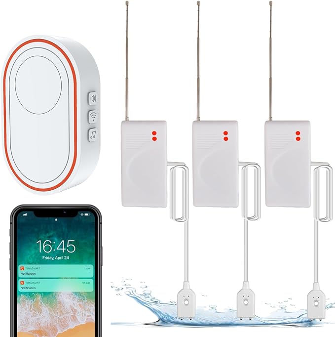 Water Detector Kit: 1 Smart Hub + 3 Leak Sensor (Silent), Water Sensor with Enhanced Signal Antenna, Water Leak Detector for Kitchen/Basement/Bathroom/Laundry, APP Monitoring, 110dB Adjustable Alarm
