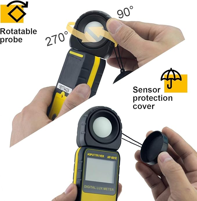 Digital Light Meter,Illuminance Meter Range up to 300,000 Lux Handheld Ambient Temperature 270ºDegree Rotatable Detector/0.4 Second Response