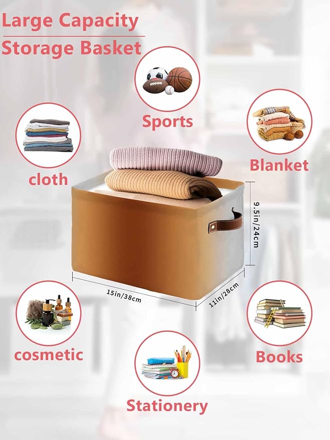 Dark Burnt Orange Grey Ombre Storage Bins Cubes Waterproof Cloth Storage Basket,Farmhouse Gradient Minimalist Foldable Storage Bags for Shelf Clothes Storages Organizers with Handles 15x11x9.5 in 1PCS