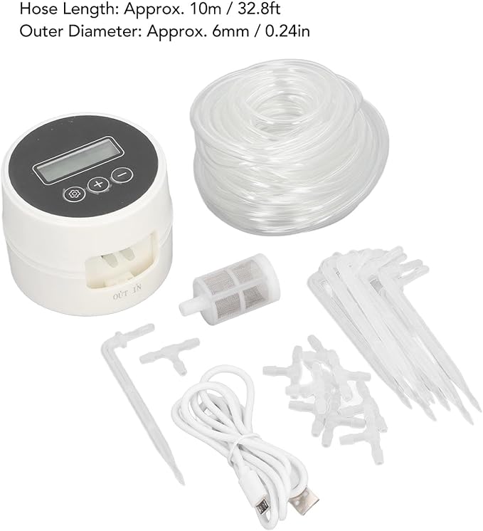 LCD Automatic Watering System, Smart Drip Irrigation Timer, Plant Watering Controller with Large LCD Display & Adjustable Rate, USB or Battery Powered, Ideal for 10 Indoor Plants