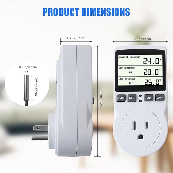 New Digital Plug-in Thermostat Outlet with External Temperature Probe - Energy Saving Controller for Infrared Heaters, for Greenhouse, for Incubator (Timer, Heating/Cooling Mode, 1800W Max)