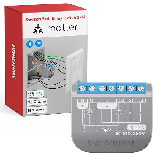 SwitchBot Smart Relay Switch 2PM, Power Metering, Dual Light Control, Built-in Bluetooth Repeater, Wi-Fi&Bluetooth Switch Compatible w/Alexa/Apple Home/Google Home/Matter Hub Required, 2.4GHz
