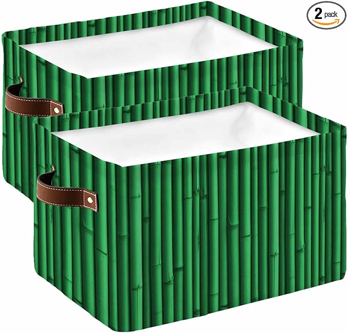 Retro Green Storage Bins Cubes Waterproof Cloth Storage Basket,Vintage Rustic Plants Trees Lines Pattern Foldable Storage Bags for Shelf Clothes Storages Organizers with Handles 15x11x9.5 in 2PCS