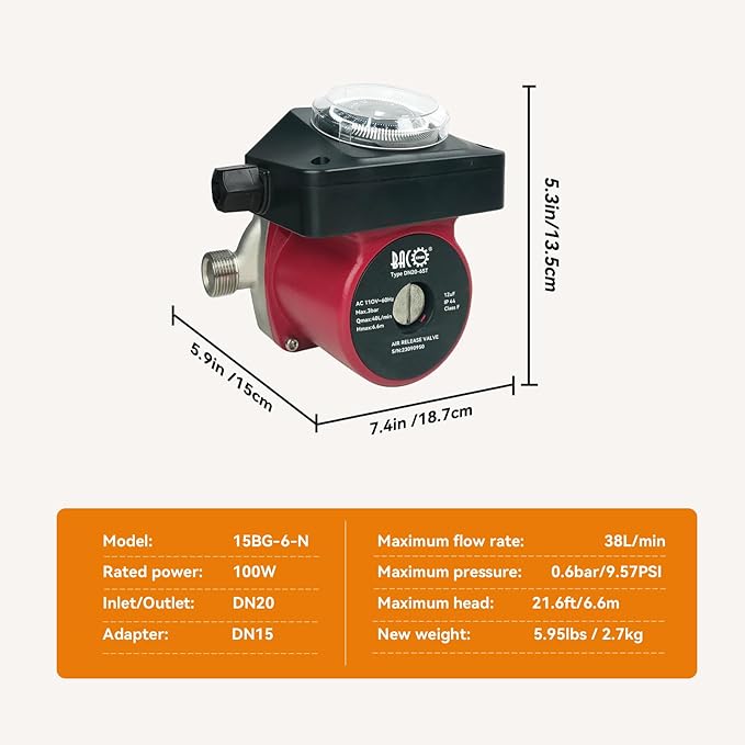 BACOENG Hot Water Recirculating Pump, Auto Start/Close Water Circulation Pump With Timer, Ultra-silent Stainless Steel Head for Electric Water Heater System/Tank Water Heaters