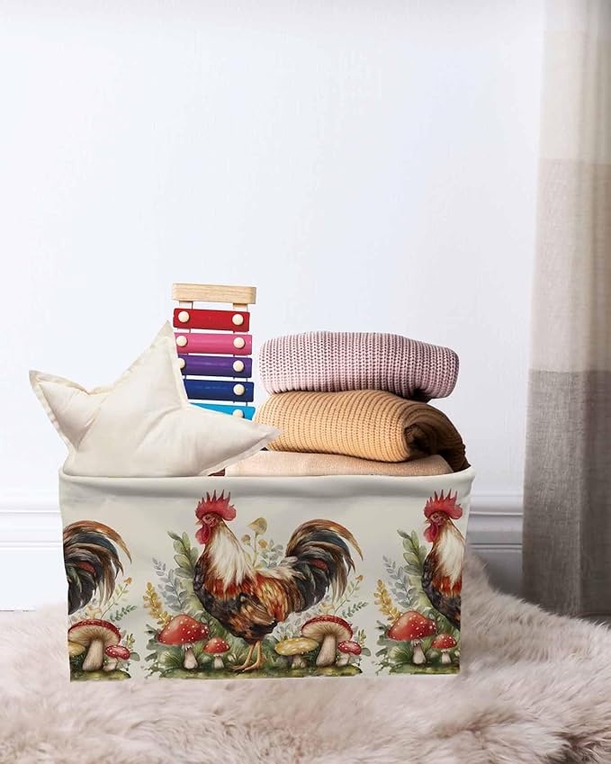 Farmhouse Rooster Storage Bins Cubes Waterproof Cloth Storage Basket, Rustic Farm Mushroom Eucalyptus Leaves Foldable Storage Bags for Shelf Closet Clothes Organizers with Handles 15x11x9.5 in 1PCS