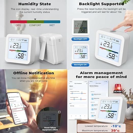 WiFi Hygrometer Thermometer, Indoor Tuya Wireless Smart Temperature and Humidity Sensor Backlight LCD Screen Thermometer Monitor with App Control, Compatible with Alexa, Google Home (White)