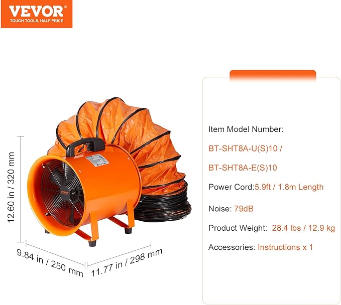VEVOR Air Mover Blower Fan 8 Inch, 1070CFM 195W with 33ft Flexible Duct, Industrial Portable Ventilator Blower/Exhaust, Orange