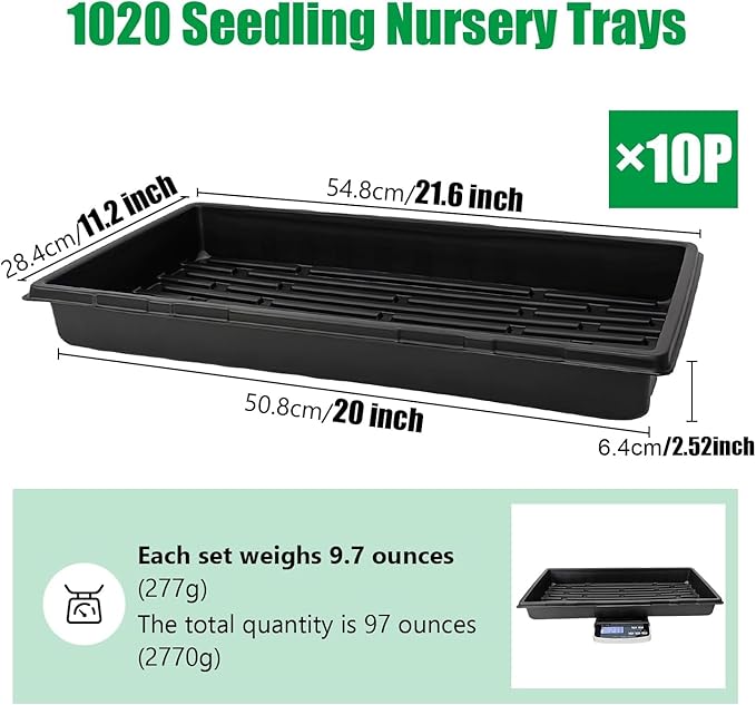 RooTrimmer 10 Pack 1020 Trays, Extra Thick Heavy Duty Seed Starting Trays - No Holes, No Leak, Reusable Propagation Flats for Microgreens, Seedlings, Plant Germination, Fodder and Transplant