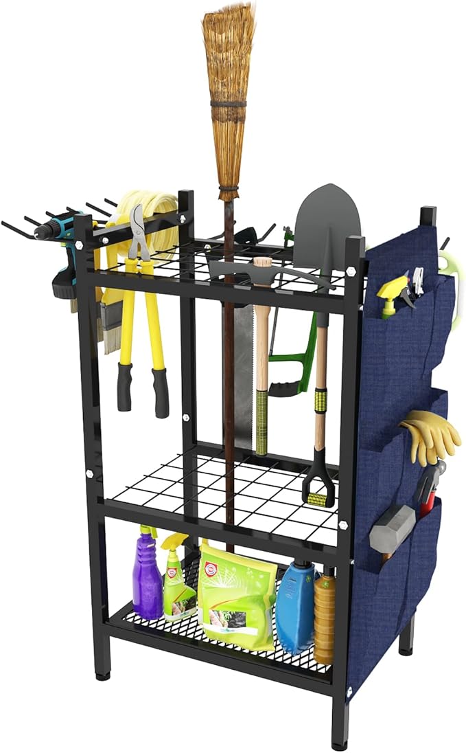 Garden Tool Organizer Rack, Heavy Duty Metal Yard Tool Stand for Garage, Shed, Outdoor, Holds Up to 50 Long-Handled Tools, Rakes, Brooms, Shovels, 3-Tier Utility Storage with Hooks, Black